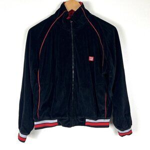 Women’s M Vintage Wilson Black Velour Track Jacket Red Piping Y2K 90s Grunge